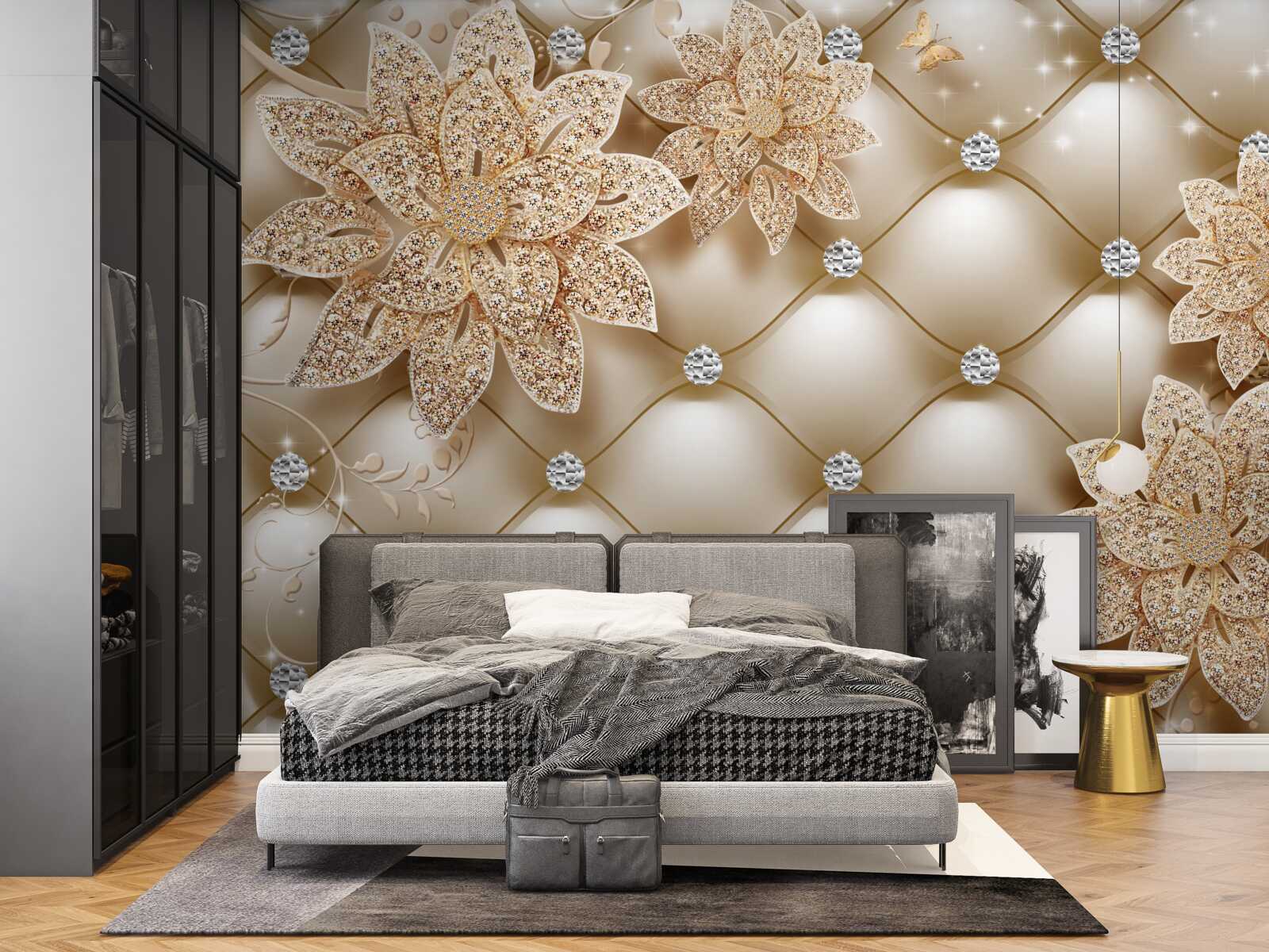Papier peint fleurs en or, décorées de perles et de pierres fines