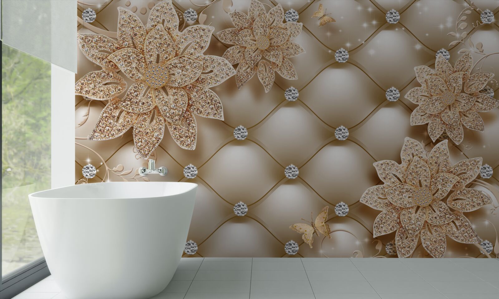 Papier peint fleurs en or, décorées de perles et de pierres fines