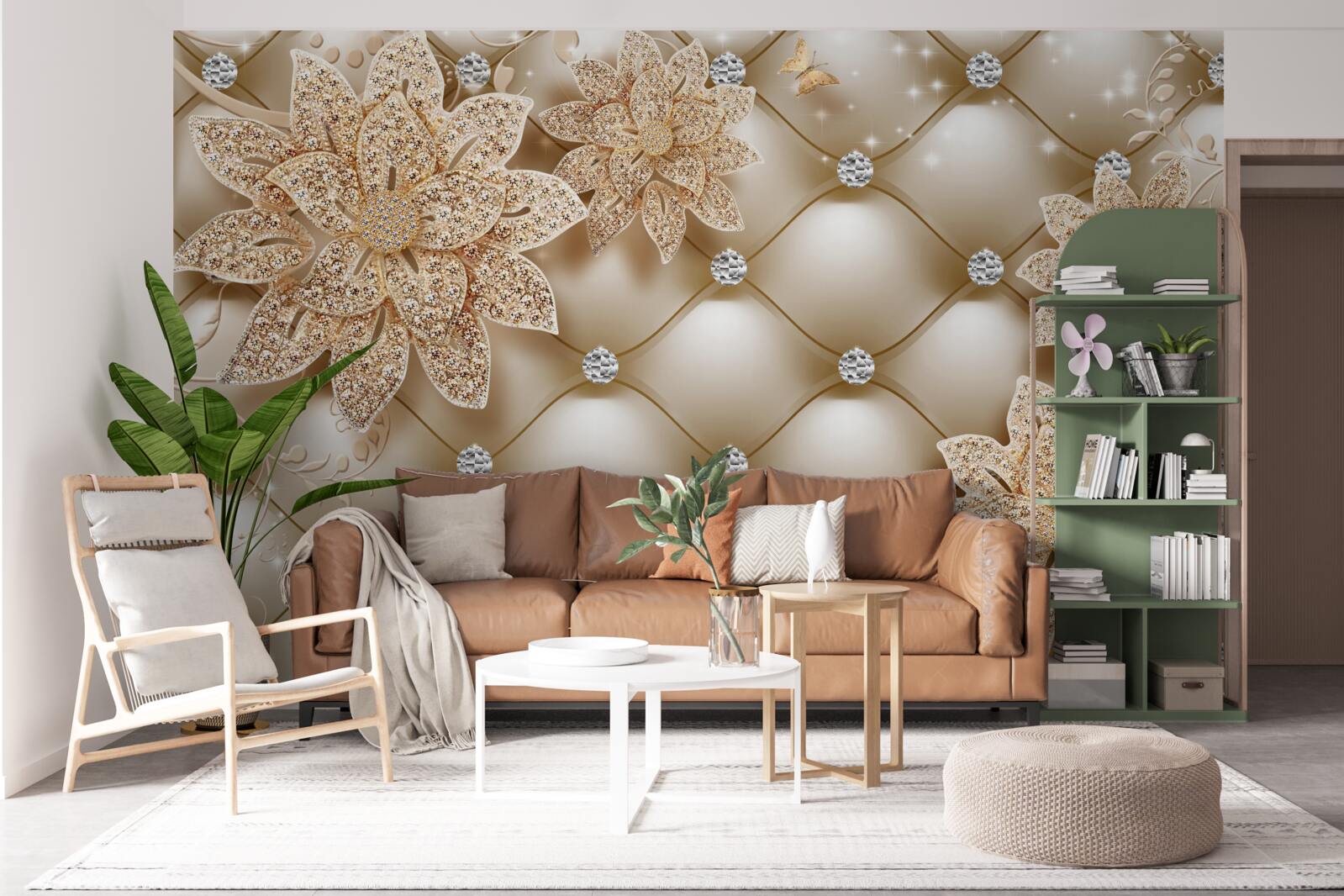 Papier peint fleurs en or, décorées de perles et de pierres fines