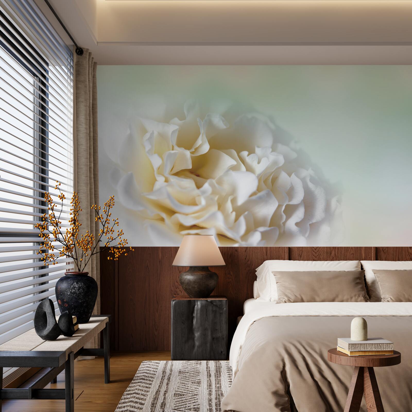 Papier peint fond de pivoines dans des tons crémeux et duveteux