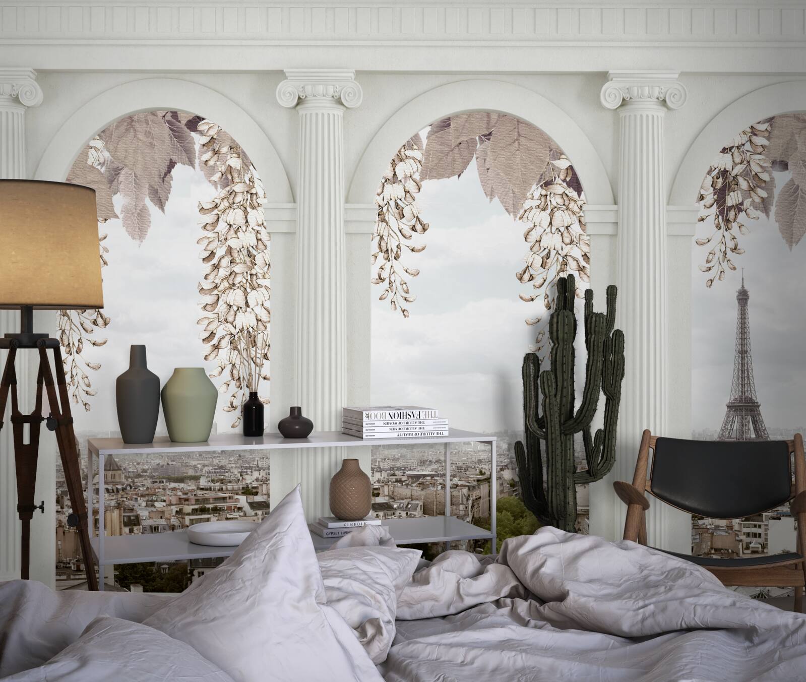 Papier peint arches florales avec vue imprenable sur paris