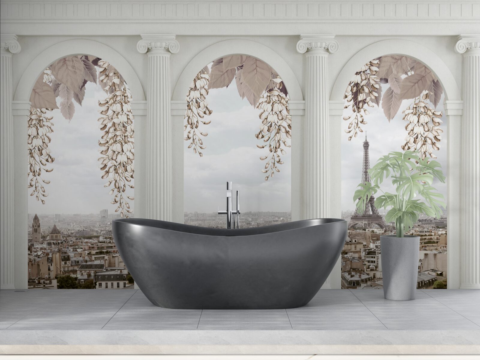 Papier peint arches florales avec vue imprenable sur paris