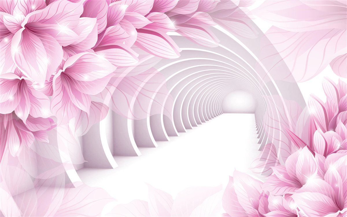 Papier peint fleurs roses et tunnel abstrait