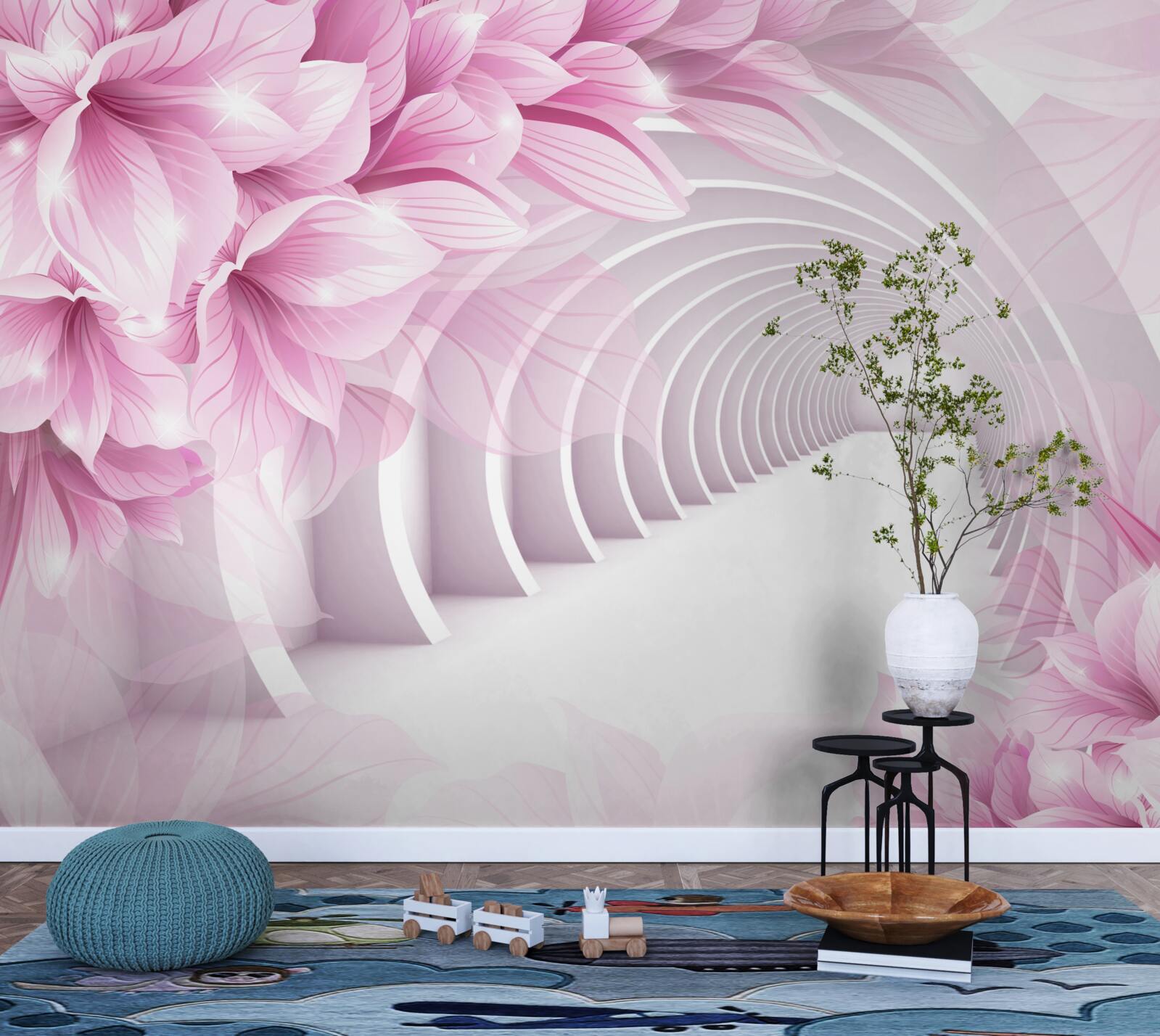 Papier peint fleurs roses et tunnel abstrait