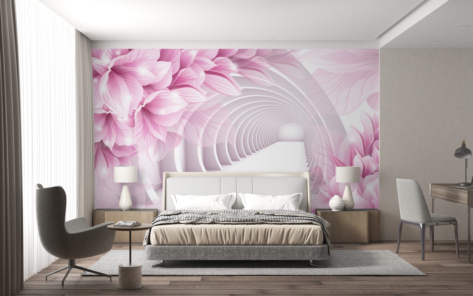 Papier peint fleurs roses et tunnel abstrait