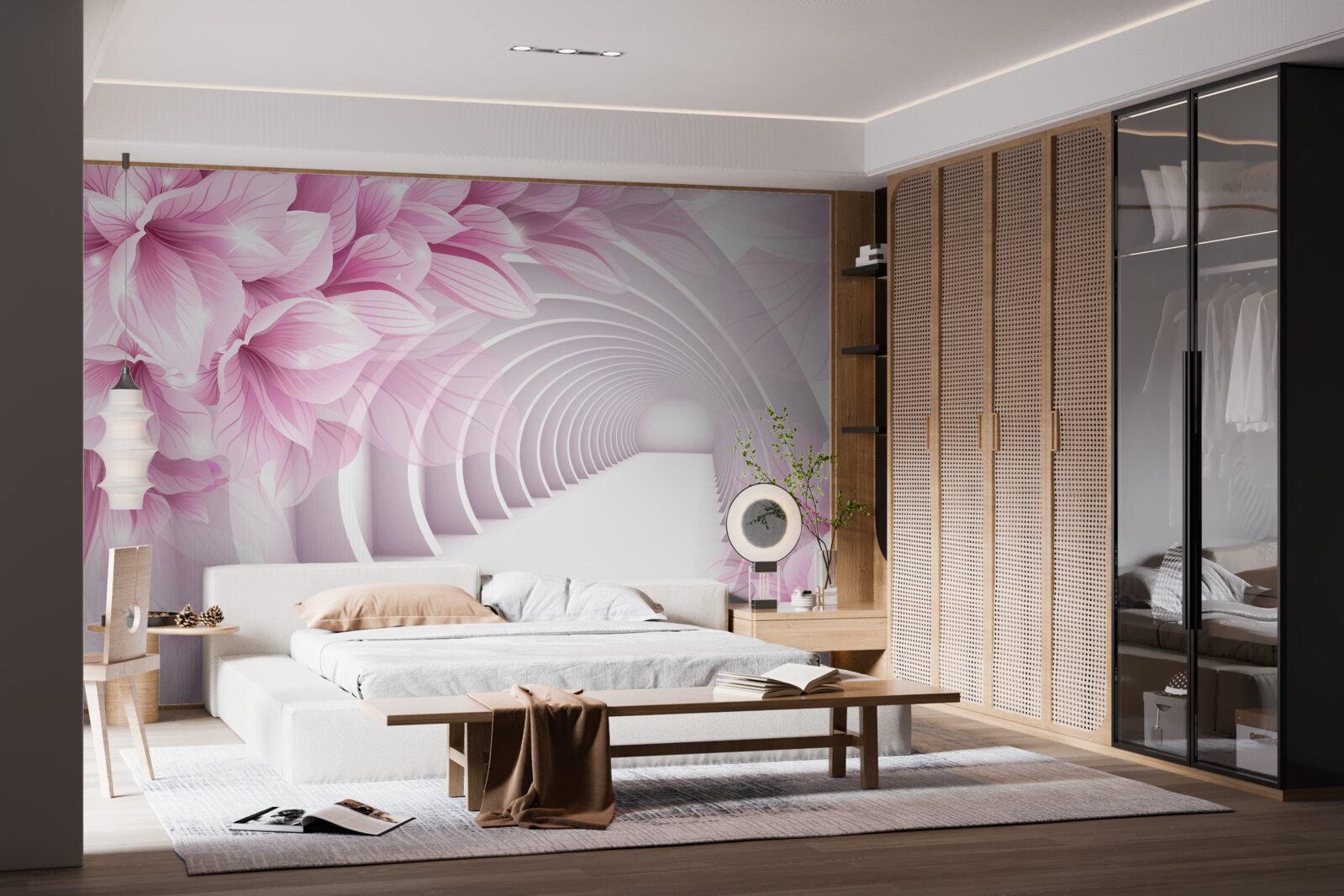 Papier peint fleurs roses et tunnel abstrait
