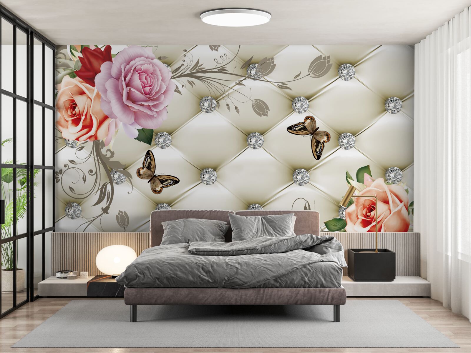 Papier peint des roses colorées sous les ailes des papillons