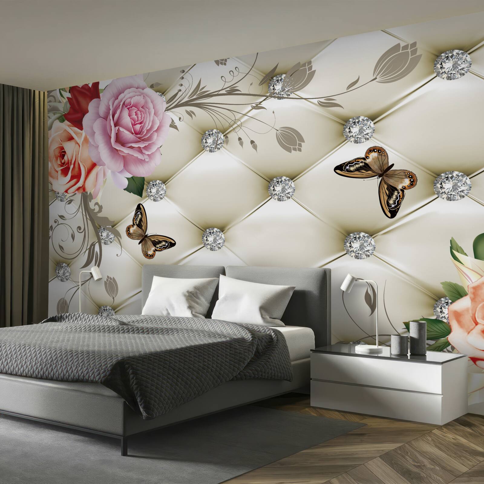 Papier peint des roses colorées sous les ailes des papillons