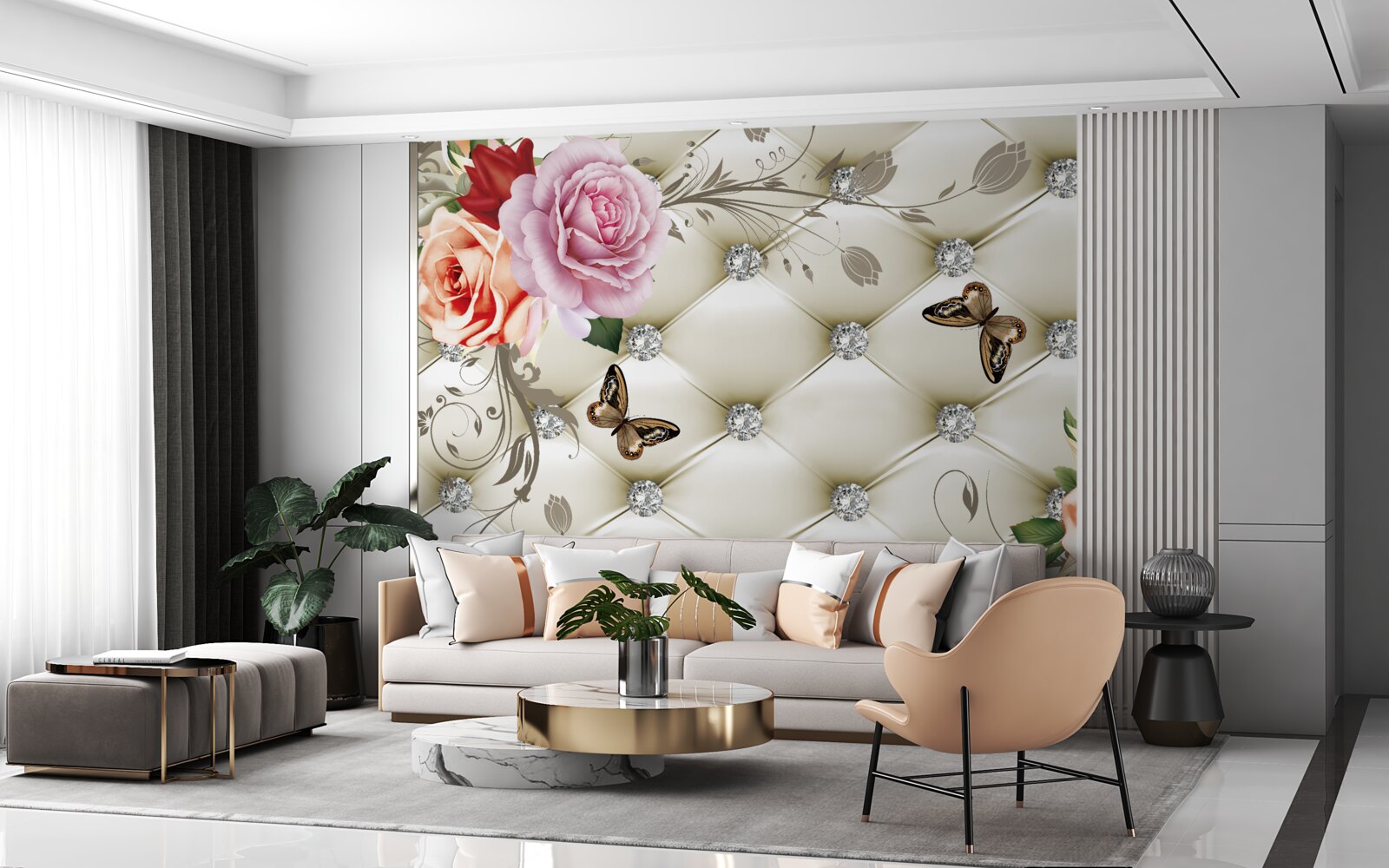 Papier peint des roses colorées sous les ailes des papillons