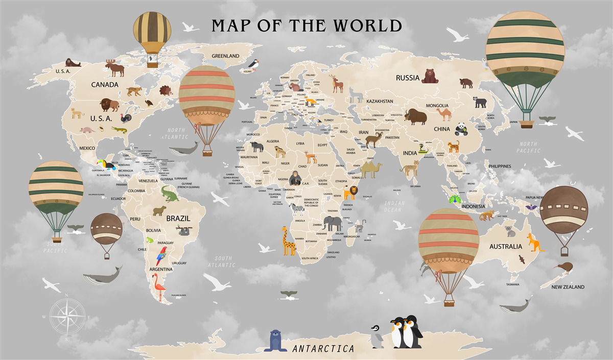Papier peint carte du monde détaillée pour les enfants