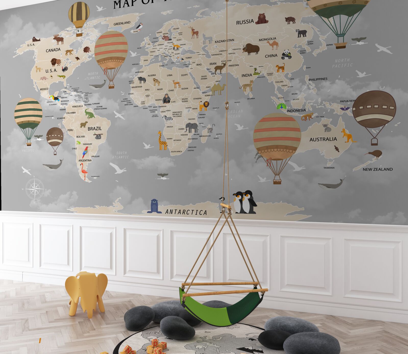Papier peint carte du monde détaillée pour les enfants