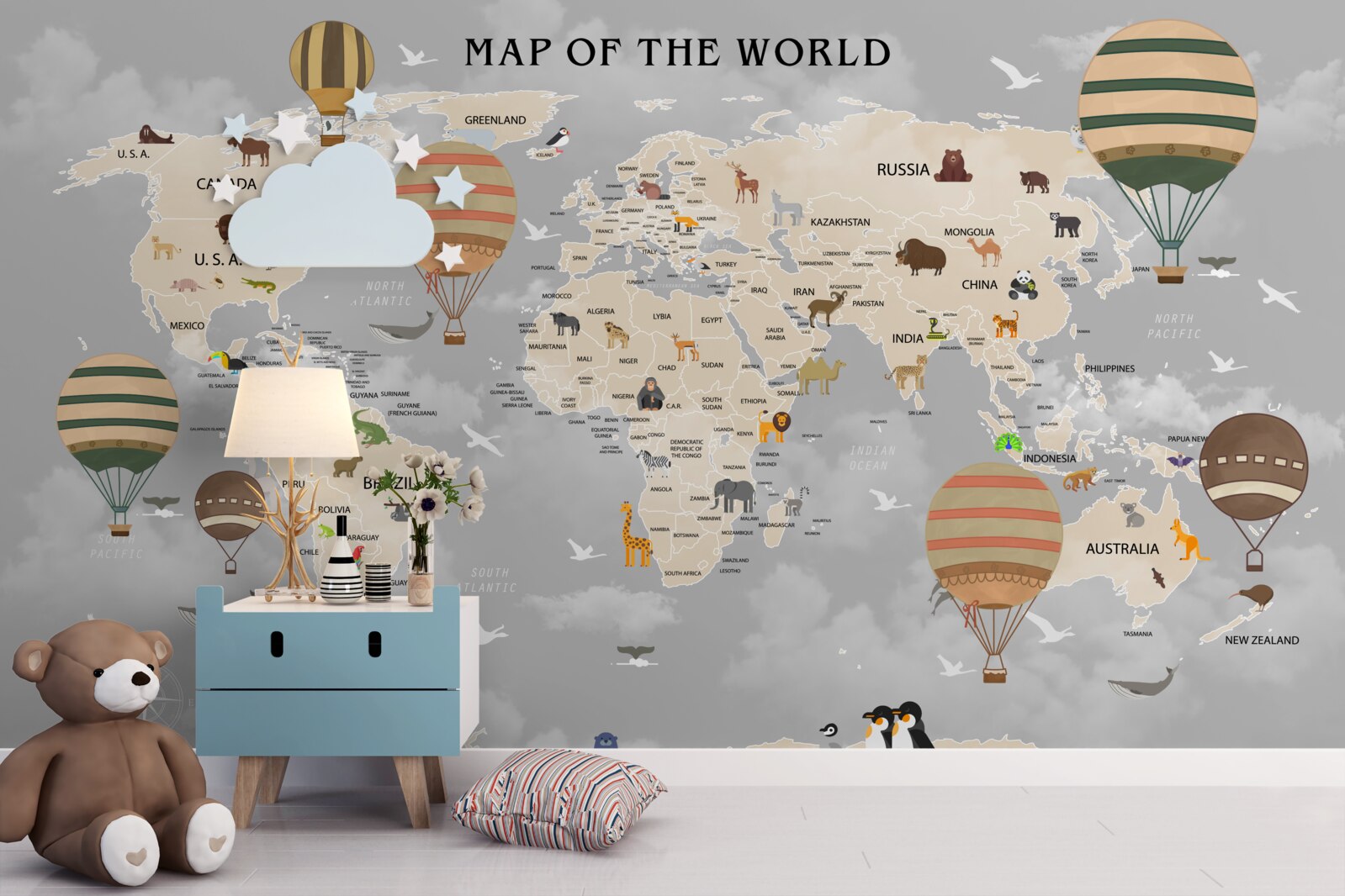 Papier peint carte du monde détaillée pour les enfants