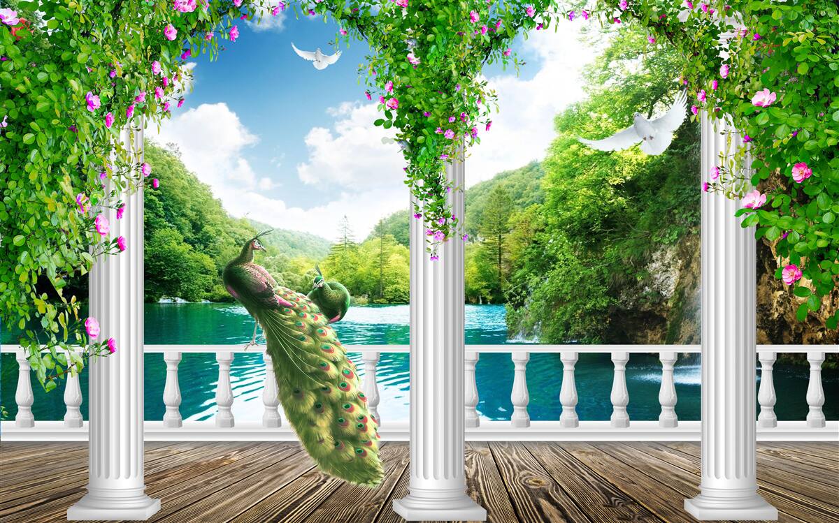 Papier peint colonnade au bord du lac, envahie par les broussailles