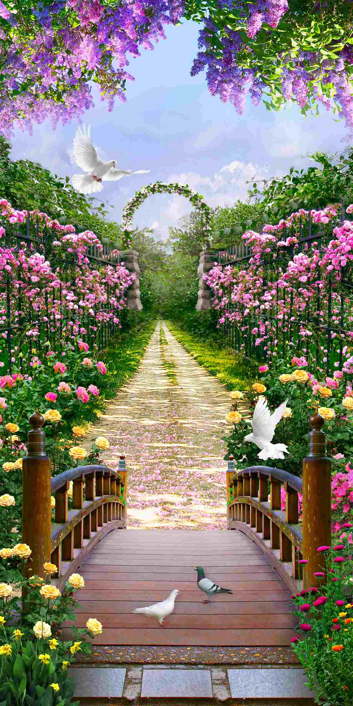 Papier peint pont entouré de fleurs d'été sur l'avenue