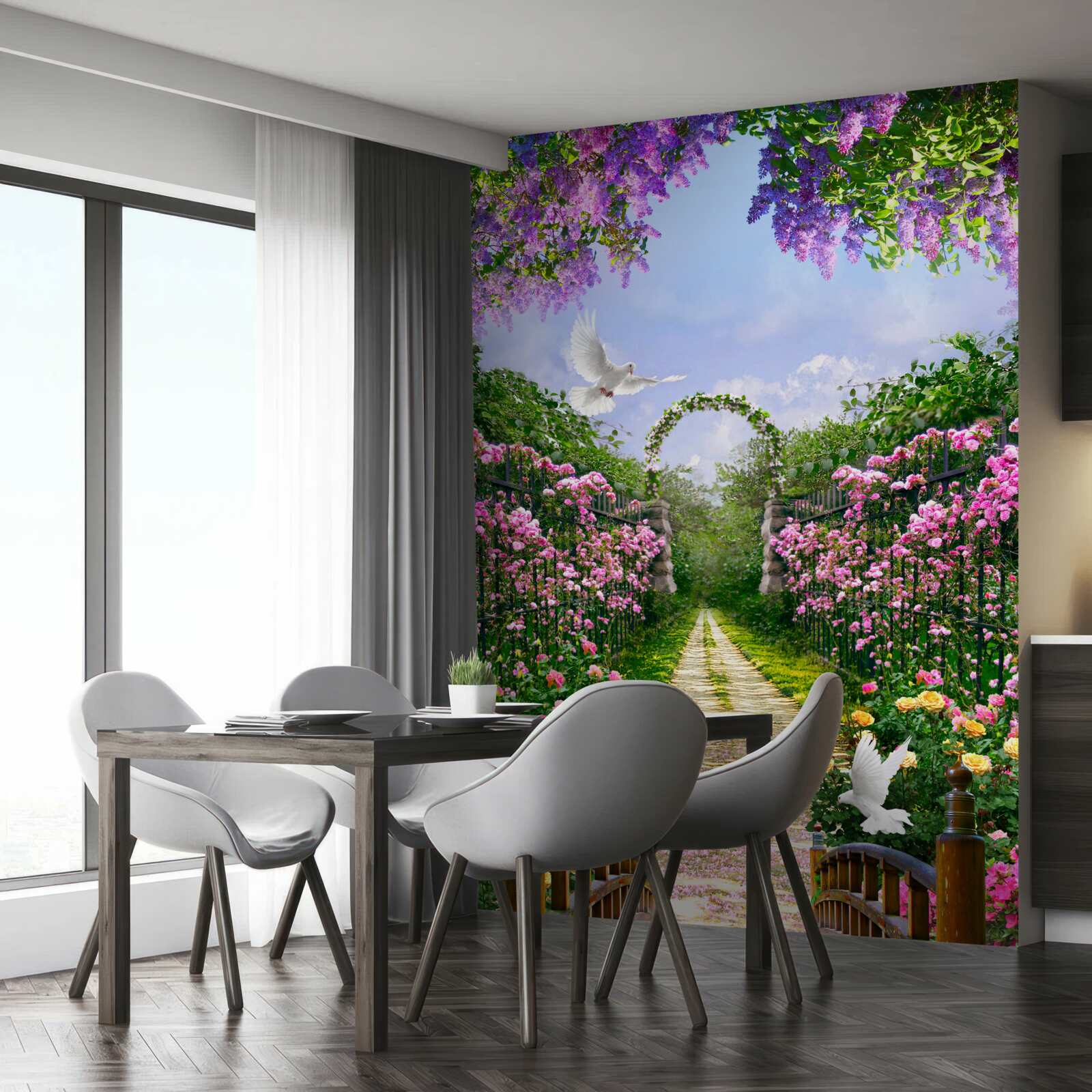 Papier peint pont entouré de fleurs d'été sur l'avenue