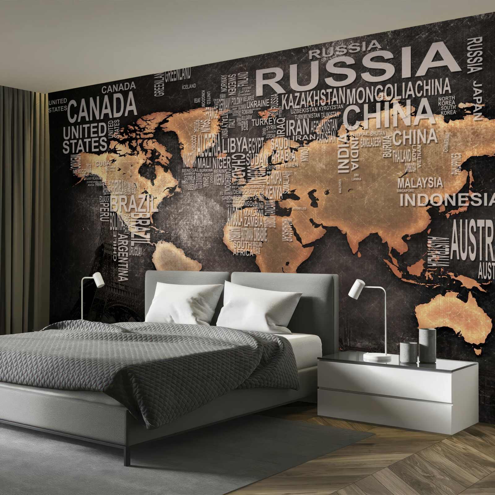 Papier peint carte du monde en couleurs foncées indiquant les noms des plus grands États