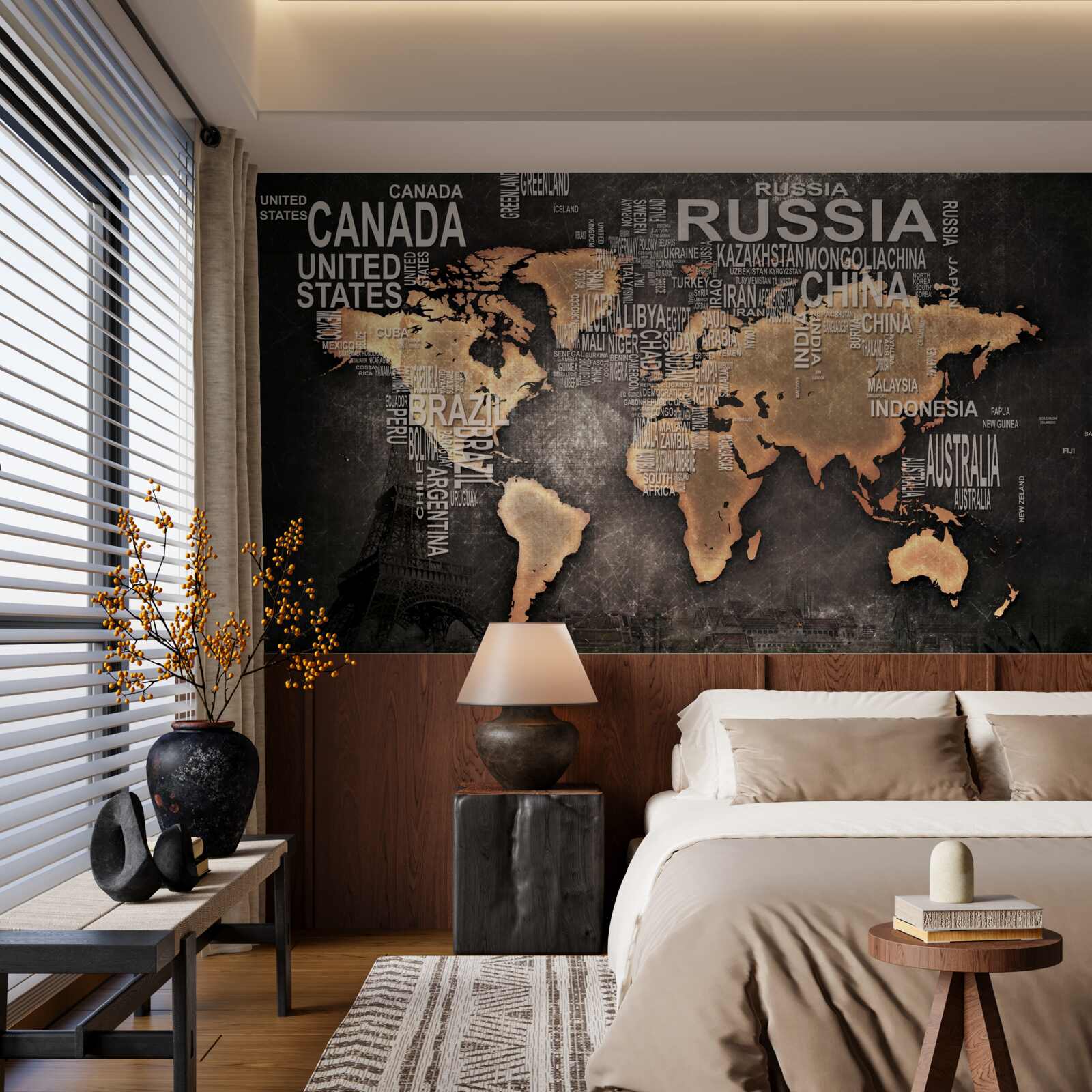 Papier peint carte du monde en couleurs foncées indiquant les noms des plus grands États