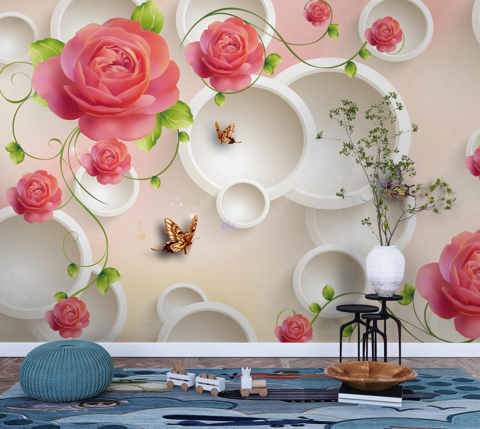 Papier peint fleurs de roses écarlates et cercles blancs