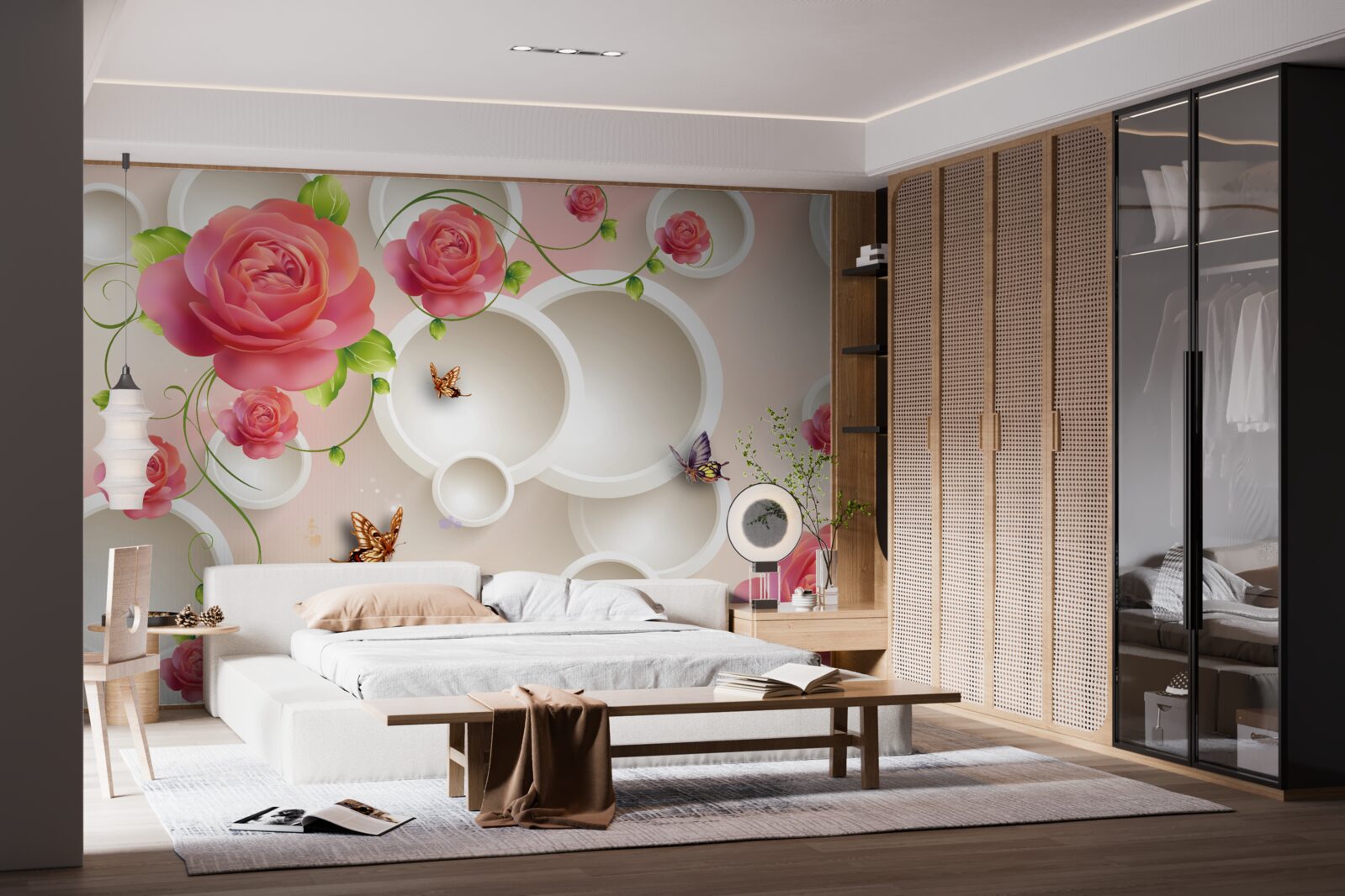 Papier peint fleurs de roses écarlates et cercles blancs