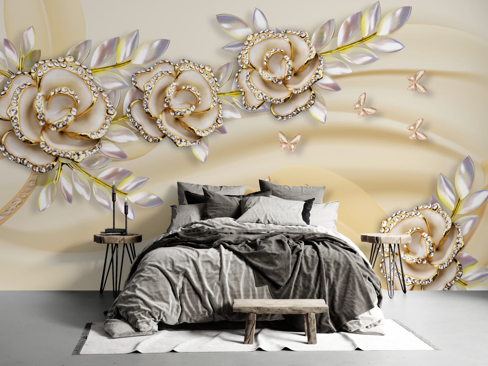 Papier peint branches métalliques d'une rose d'or