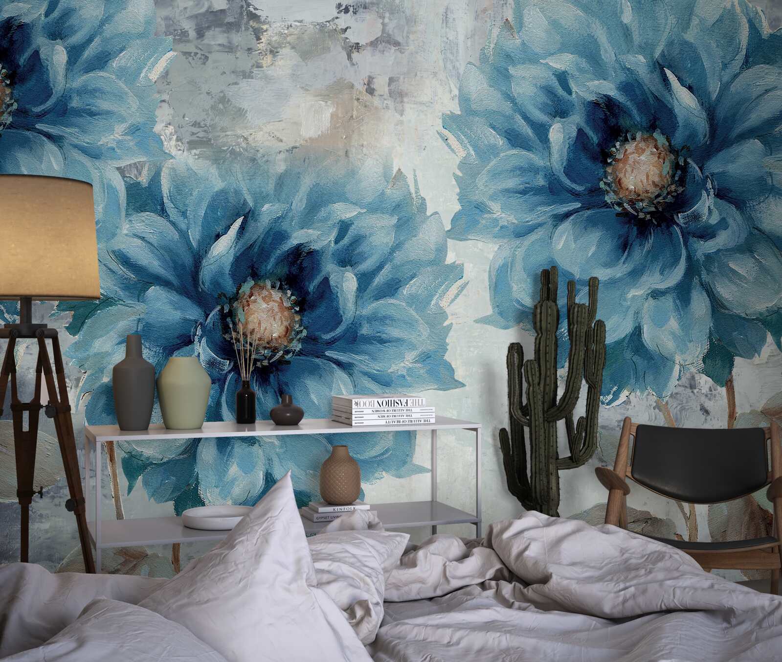 Papier peint grands dahlias bleus