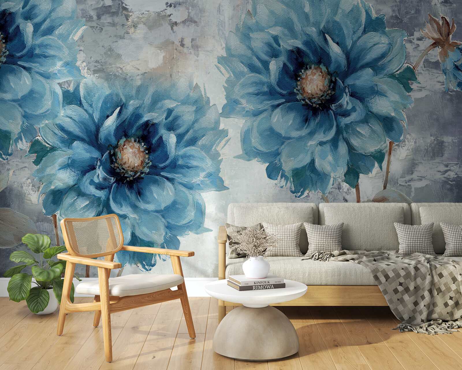 Papier peint grands dahlias bleus