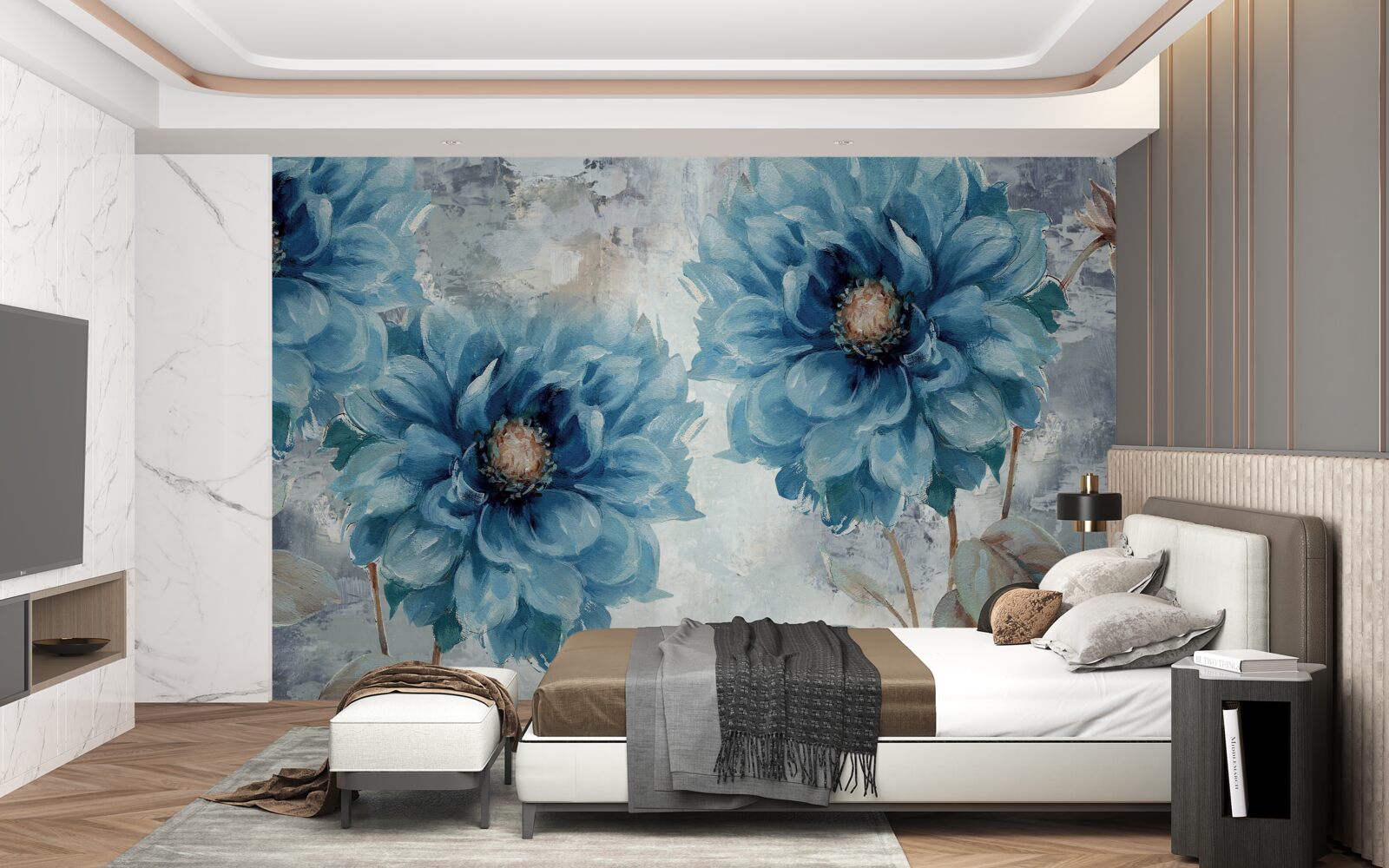 Papier peint grands dahlias bleus
