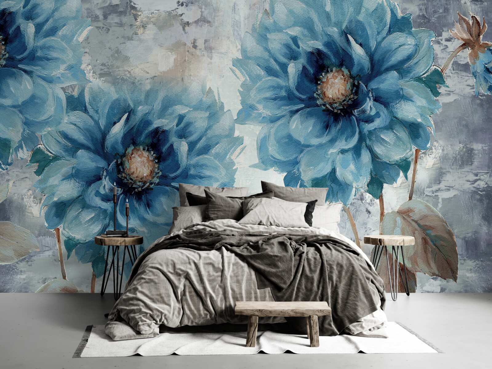 Papier peint grands dahlias bleus