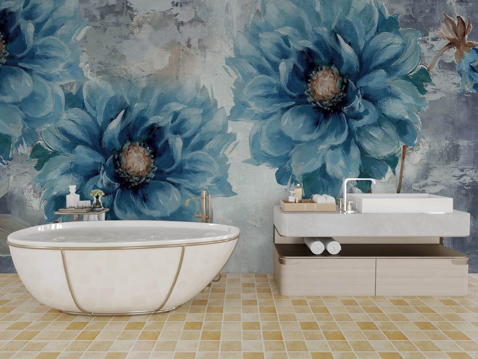 Papier peint grands dahlias bleus
