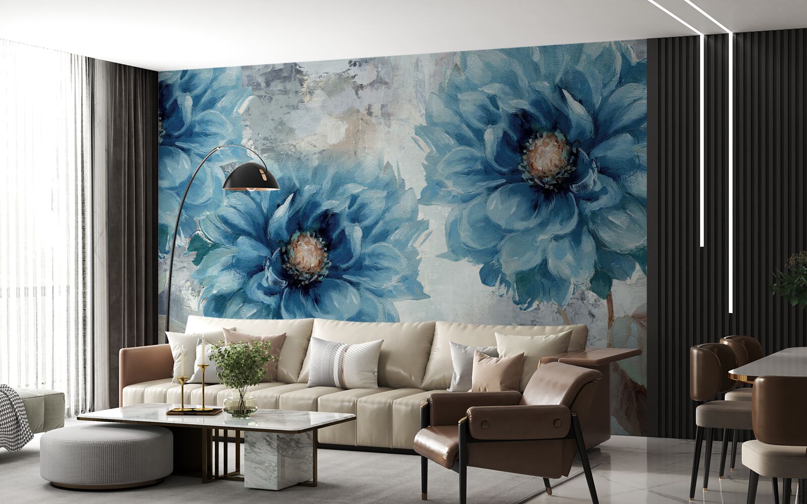Papier peint grands dahlias bleus