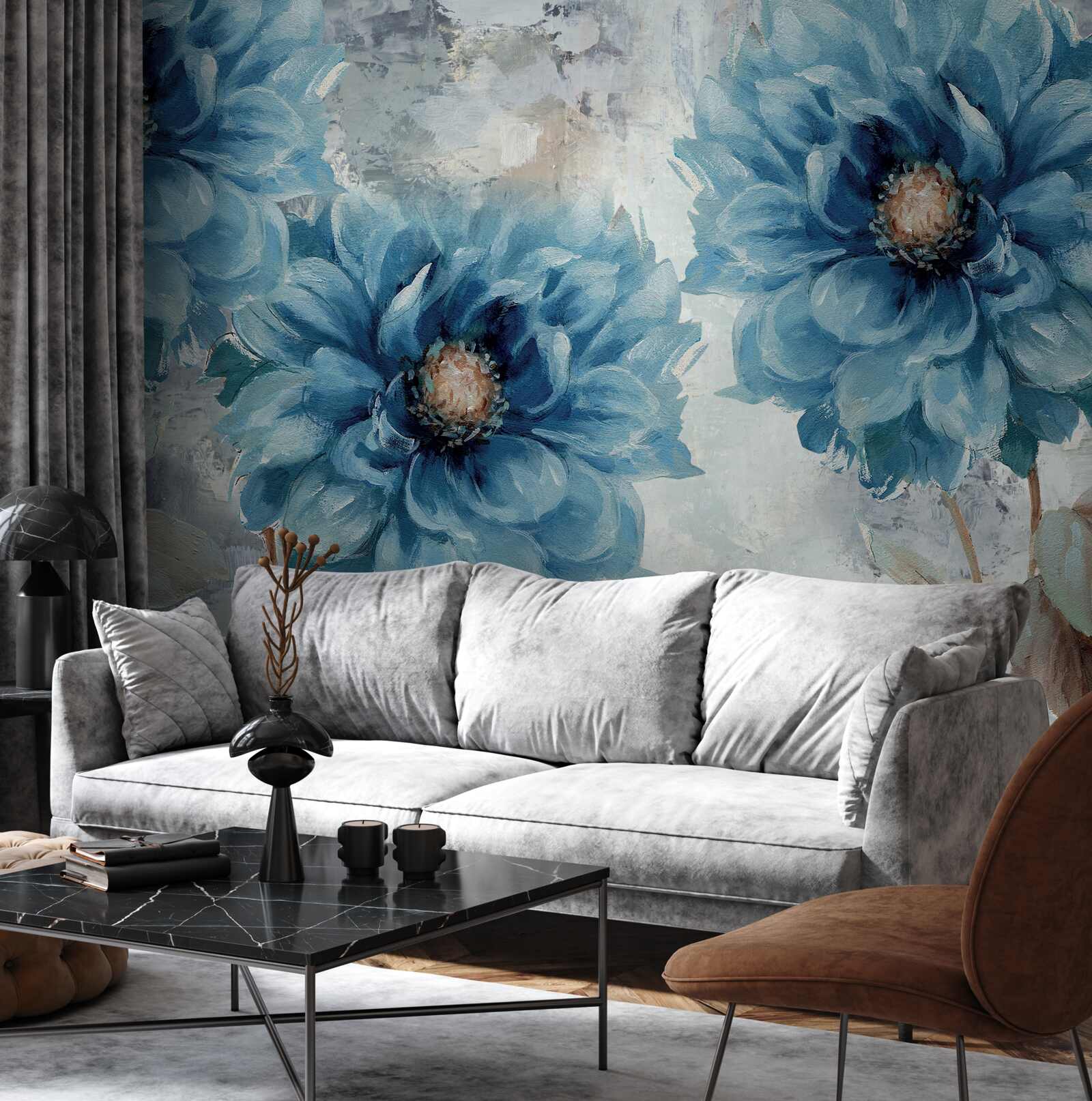 Papier peint grands dahlias bleus
