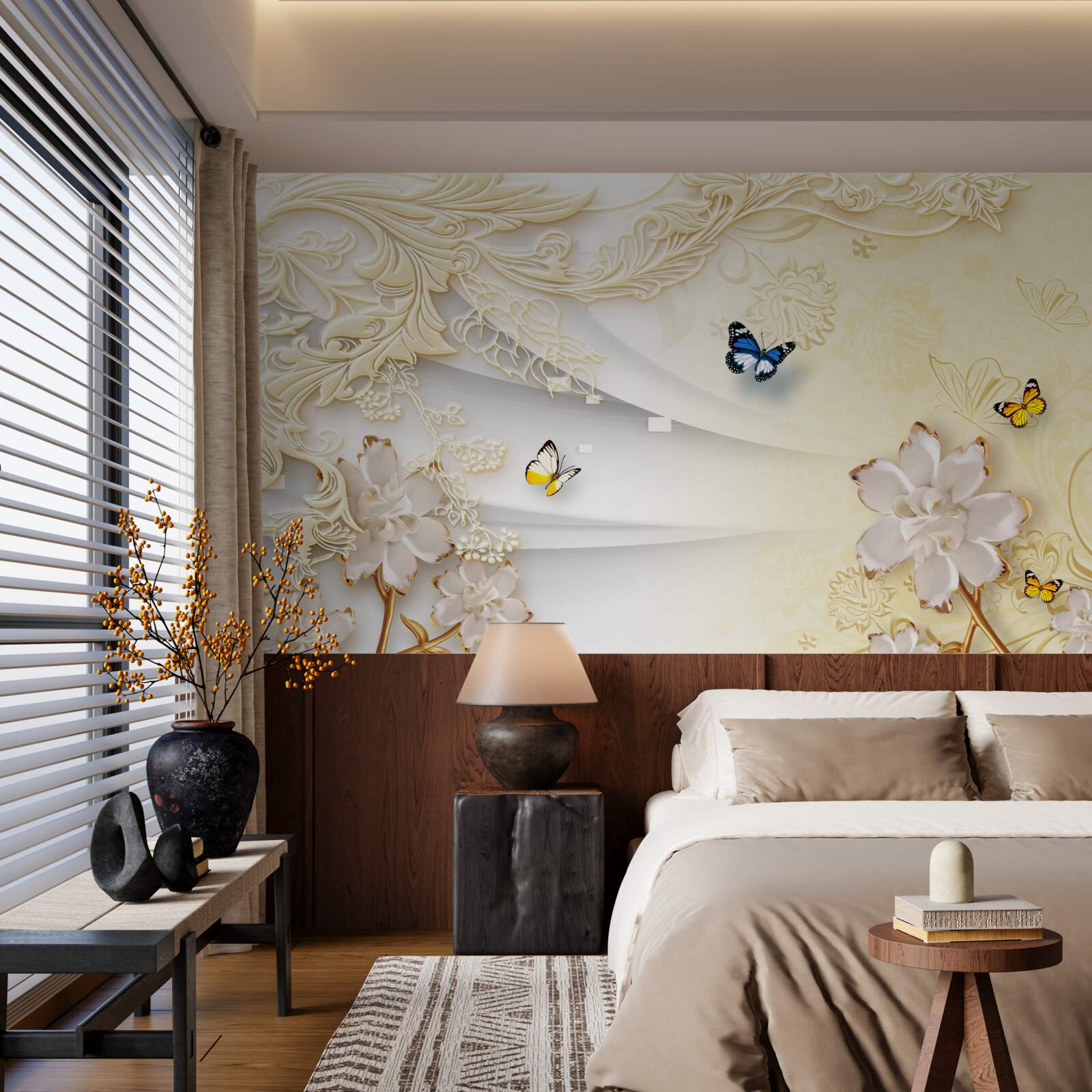 Papier peint les papillons volent au-dessus des branches avec des fleurs développées