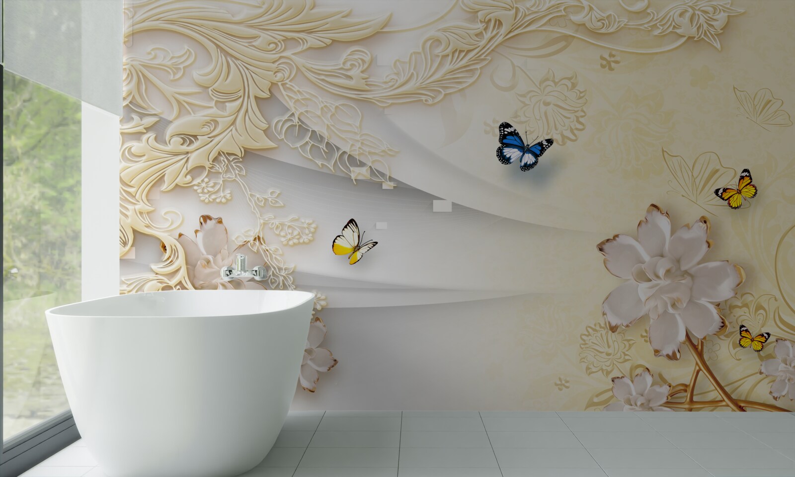 Papier peint les papillons volent au-dessus des branches avec des fleurs développées