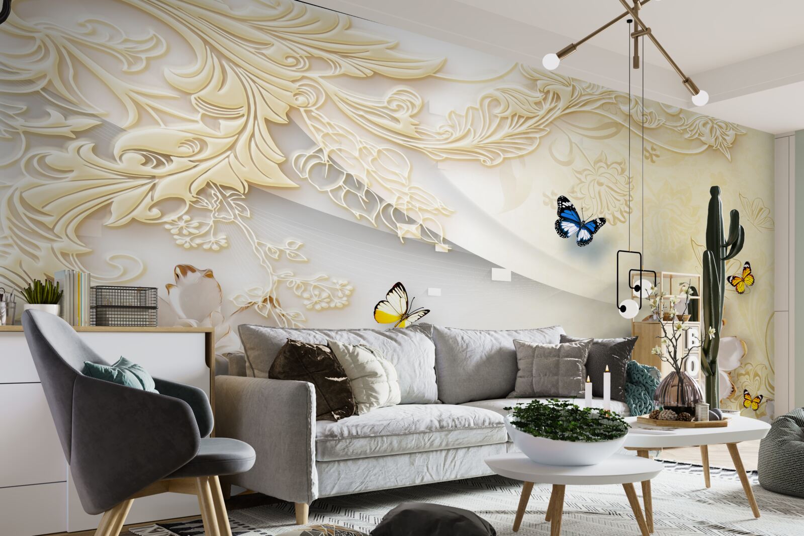 Papier peint les papillons volent au-dessus des branches avec des fleurs développées