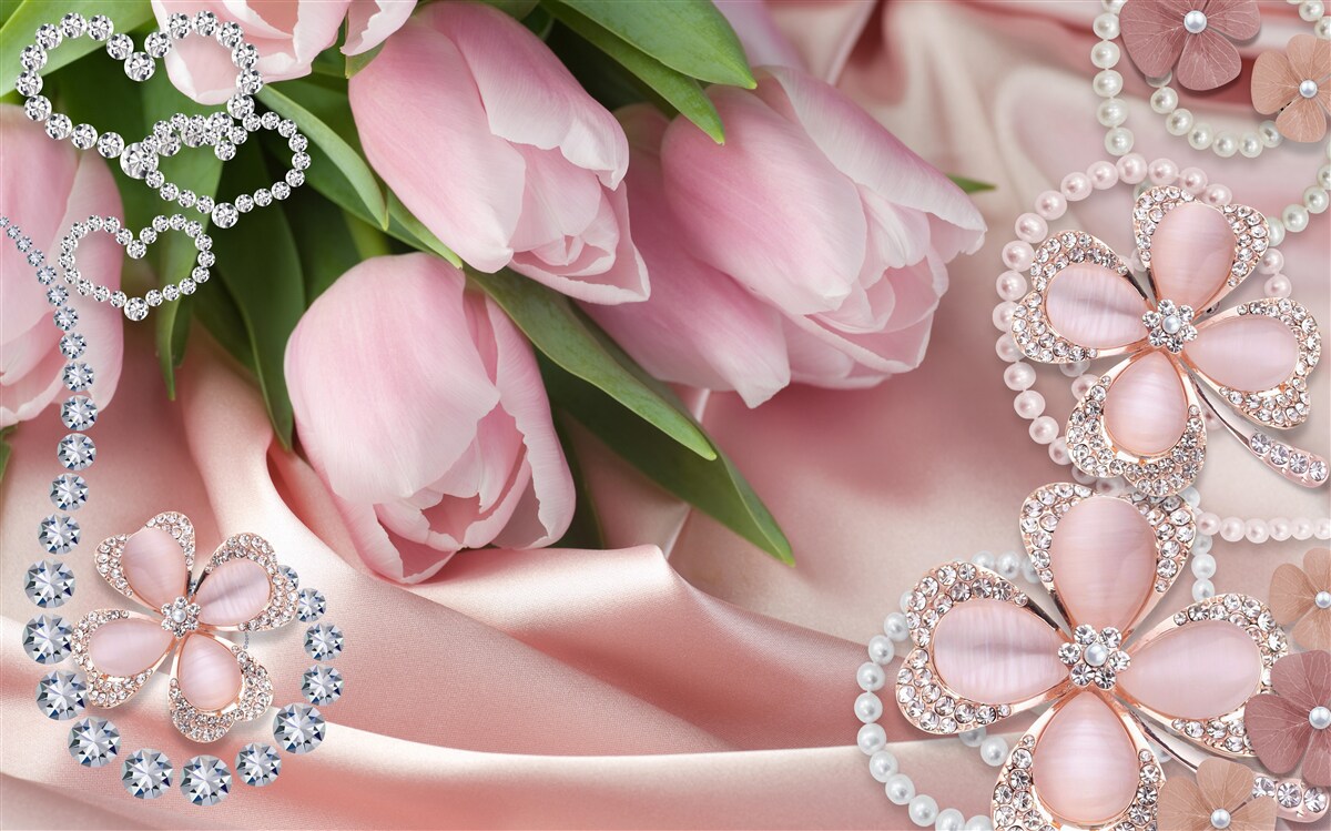 Papier peint tulipes en rose, décorées de perles sur fond de soie