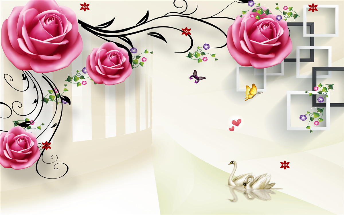 Papier peint des roses roses fleurissent sur les branches et des cygnes blancs nagent