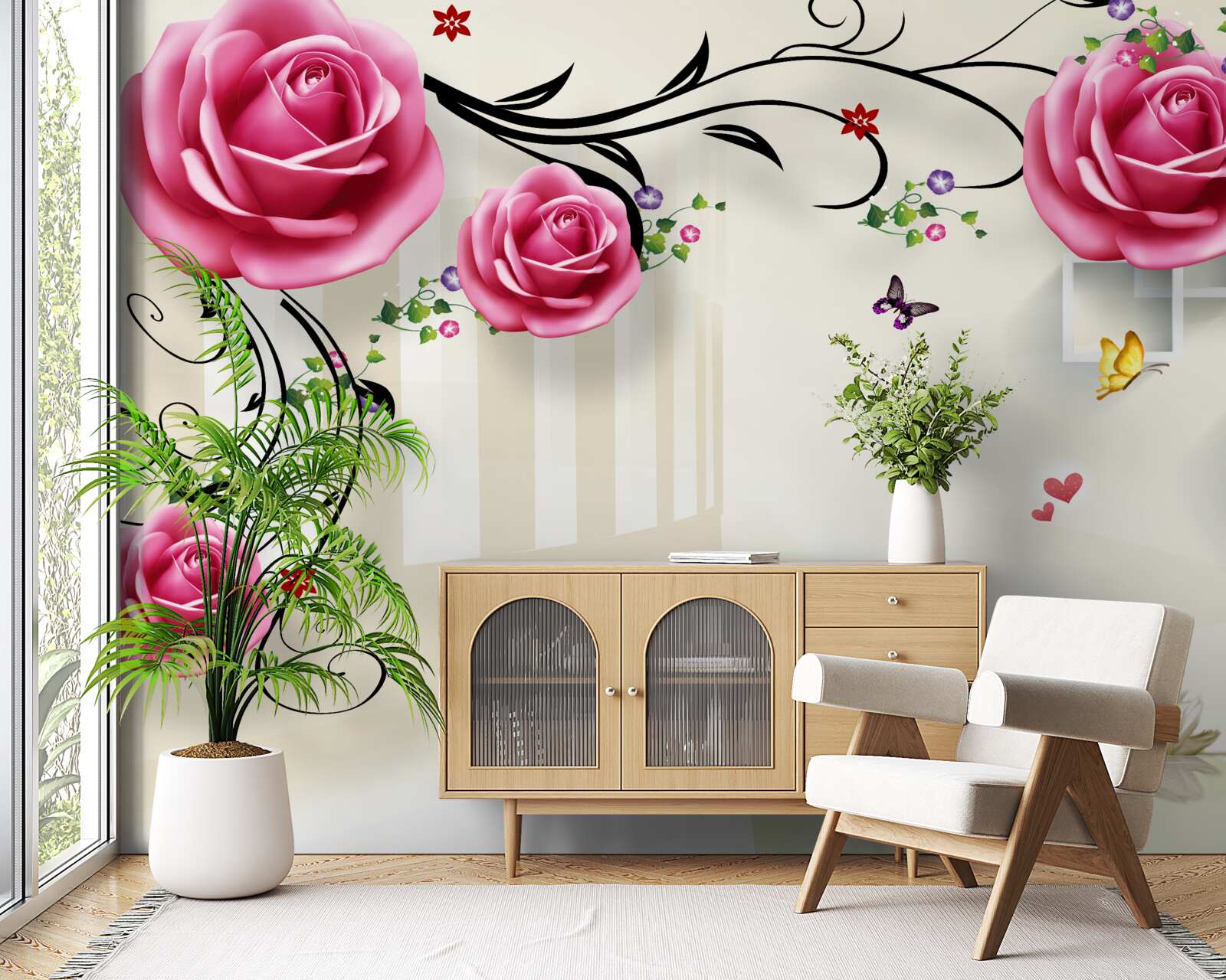 Papier peint des roses roses fleurissent sur les branches et des cygnes blancs nagent