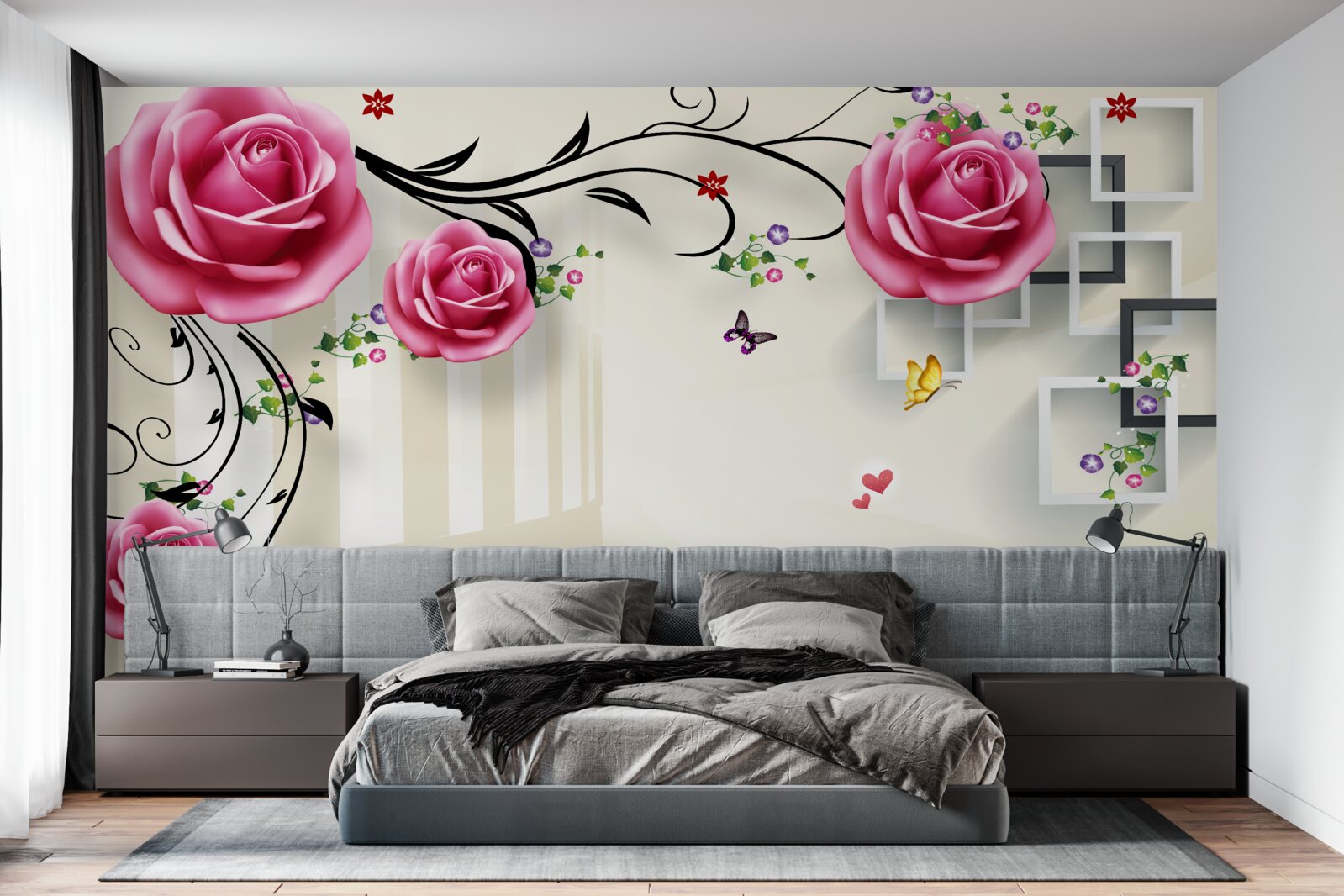 Papier peint des roses roses fleurissent sur les branches et des cygnes blancs nagent