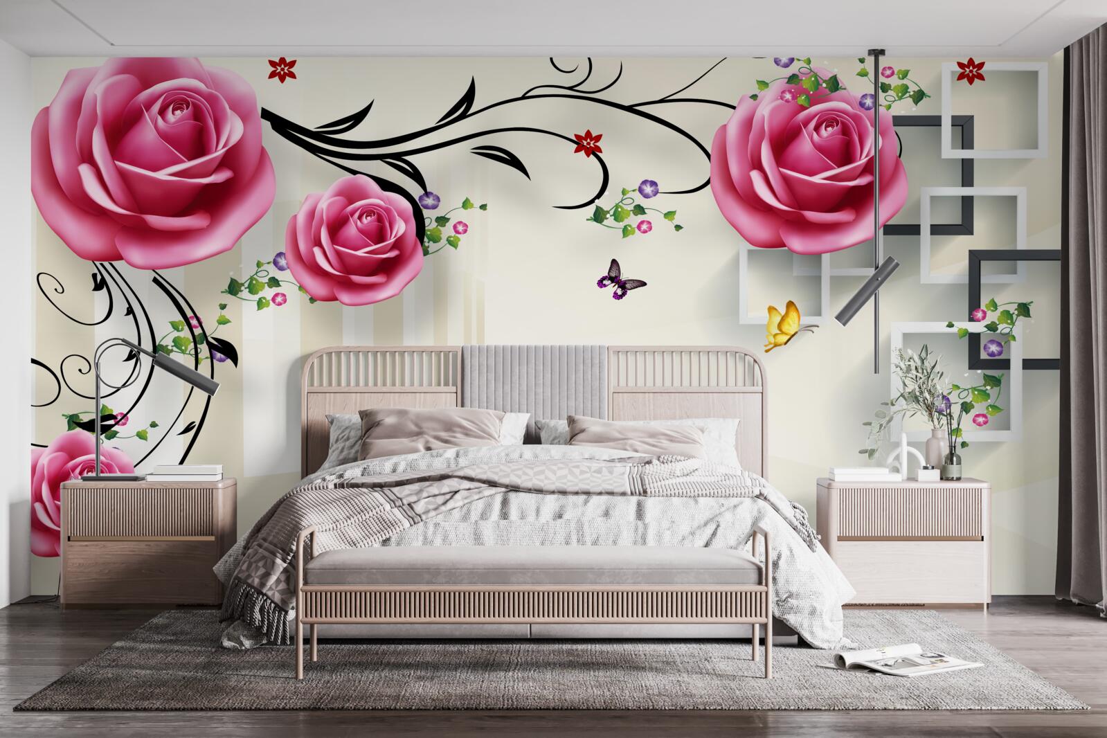 Papier peint des roses roses fleurissent sur les branches et des cygnes blancs nagent