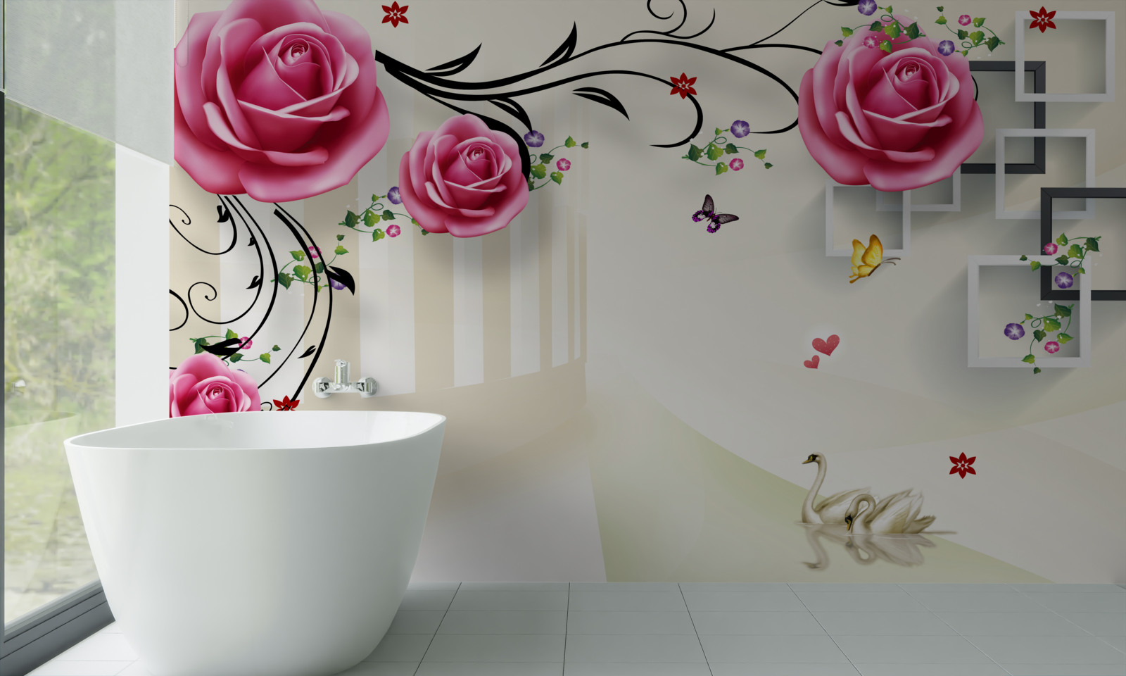 Papier peint des roses roses fleurissent sur les branches et des cygnes blancs nagent