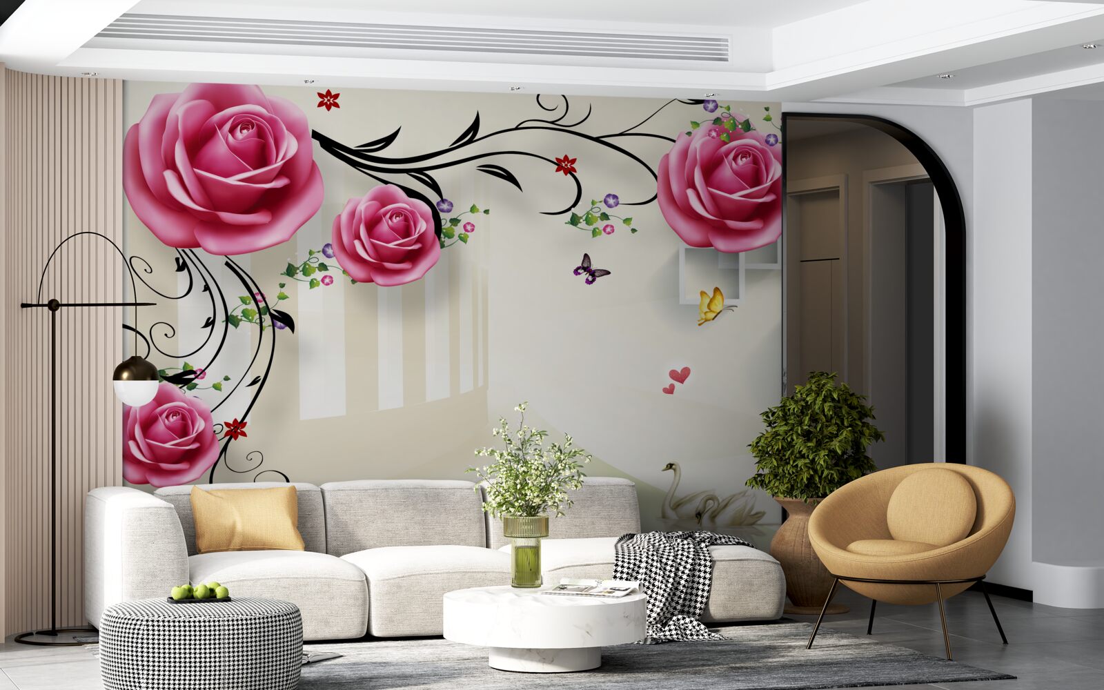 Papier peint des roses roses fleurissent sur les branches et des cygnes blancs nagent