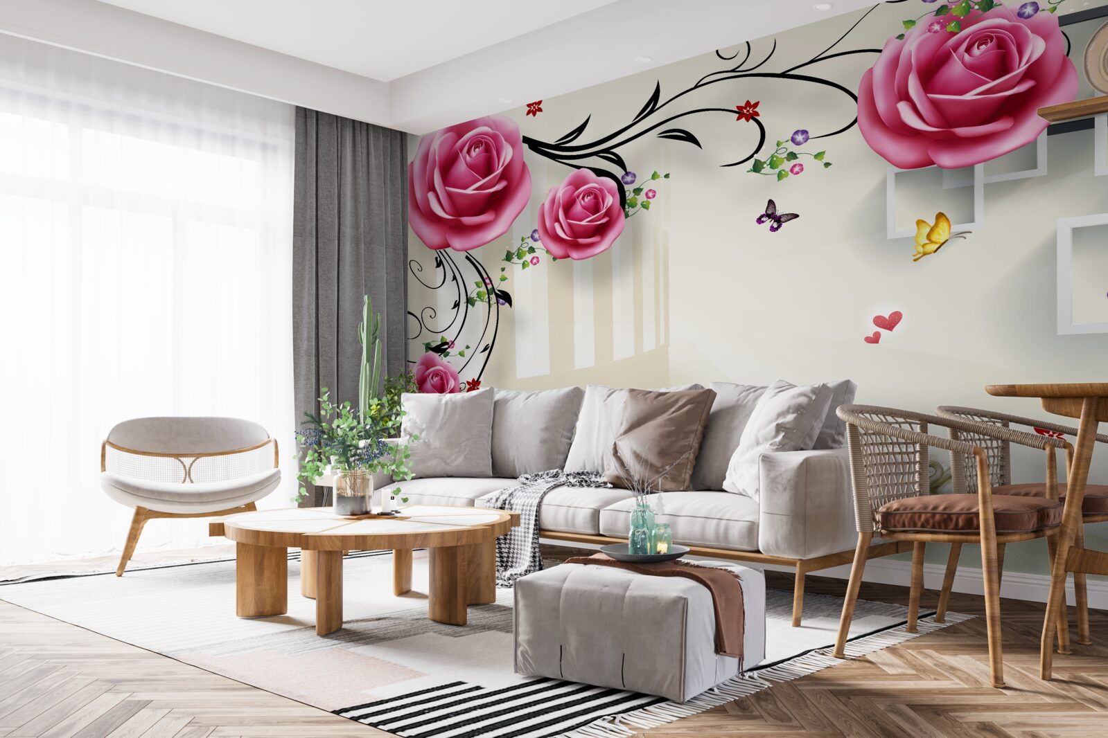 Papier peint des roses roses fleurissent sur les branches et des cygnes blancs nagent