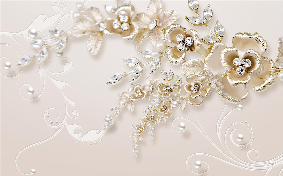 Papier peint branches fleuries d'or, serties de pierres