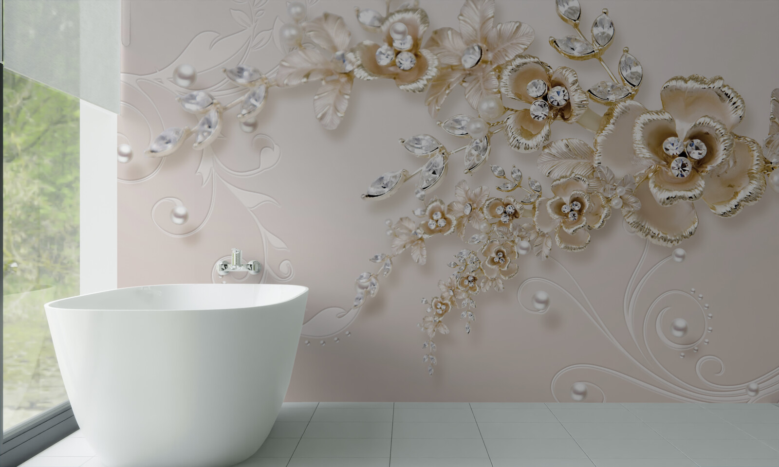 Papier peint branches fleuries d'or, serties de pierres