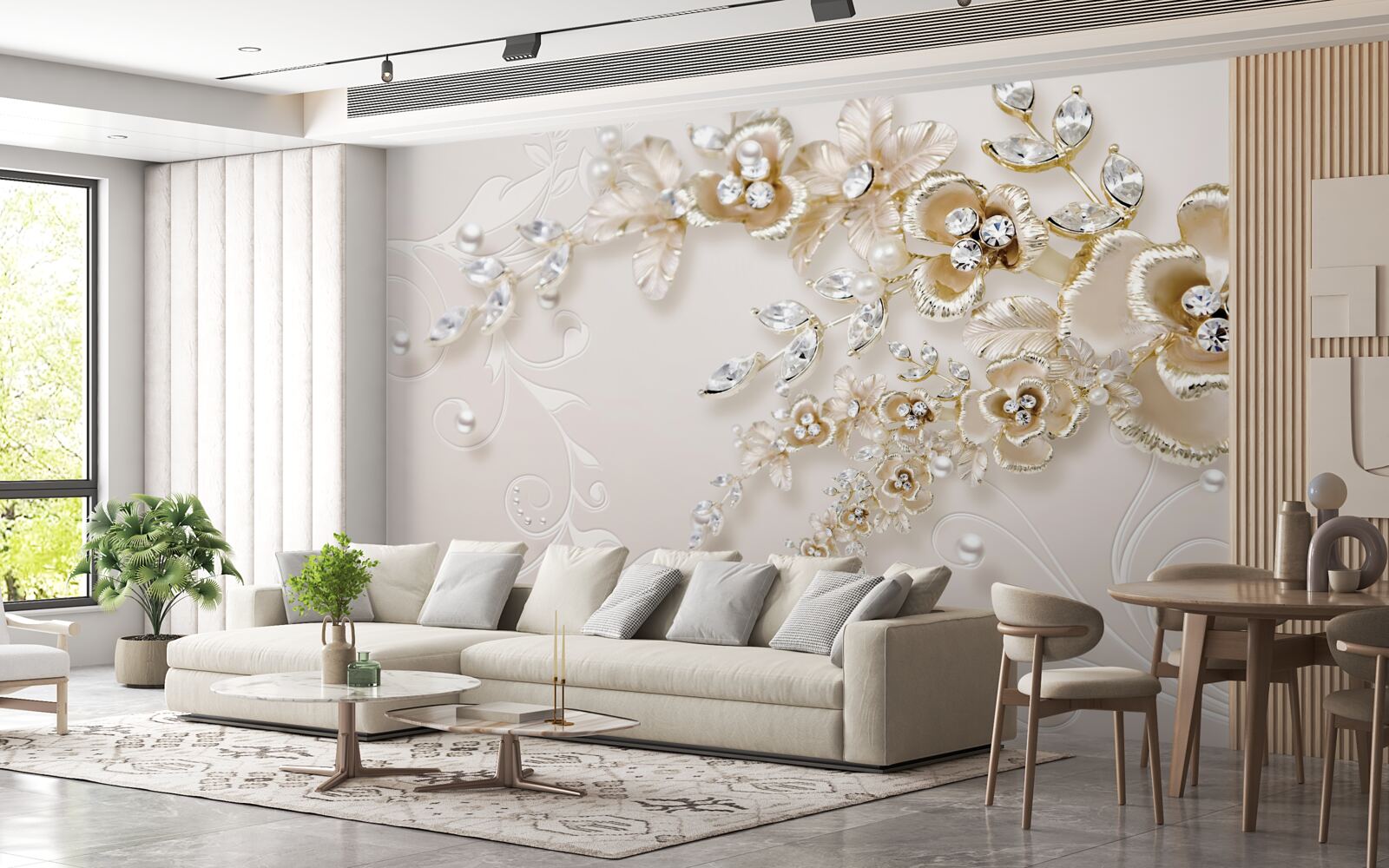 Papier peint branches fleuries d'or, serties de pierres