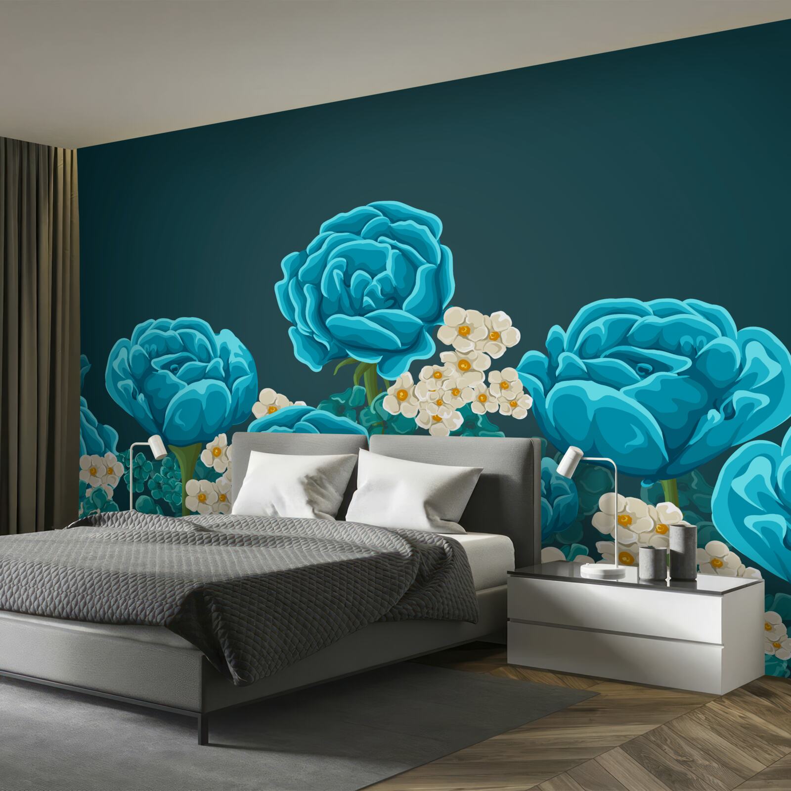 Papier peint les marguerites sont blanches comme neige et miniatures et les roses sont bleu clair