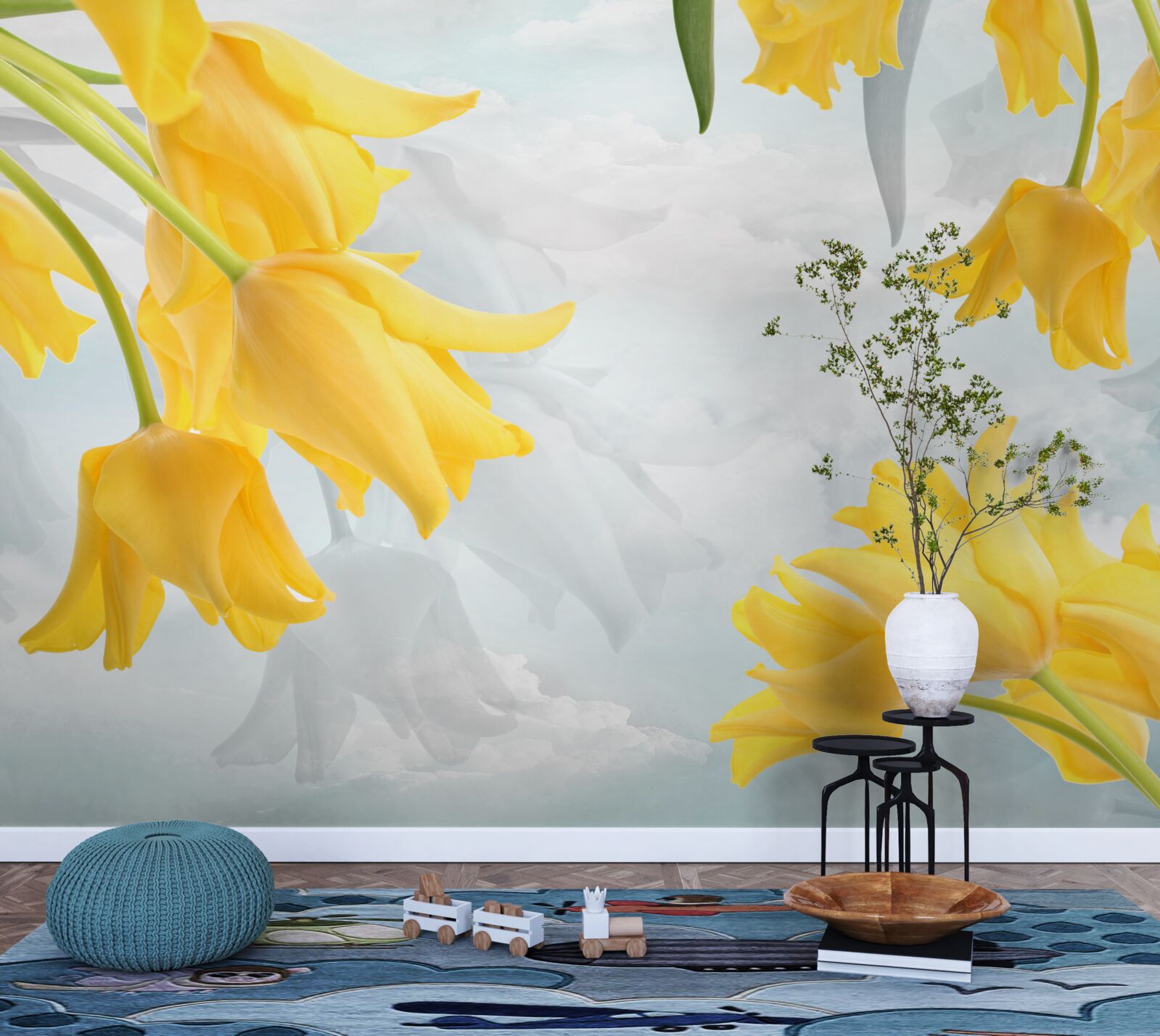 Papier peint Tulipes jaunes sur fond de ciel bleu
