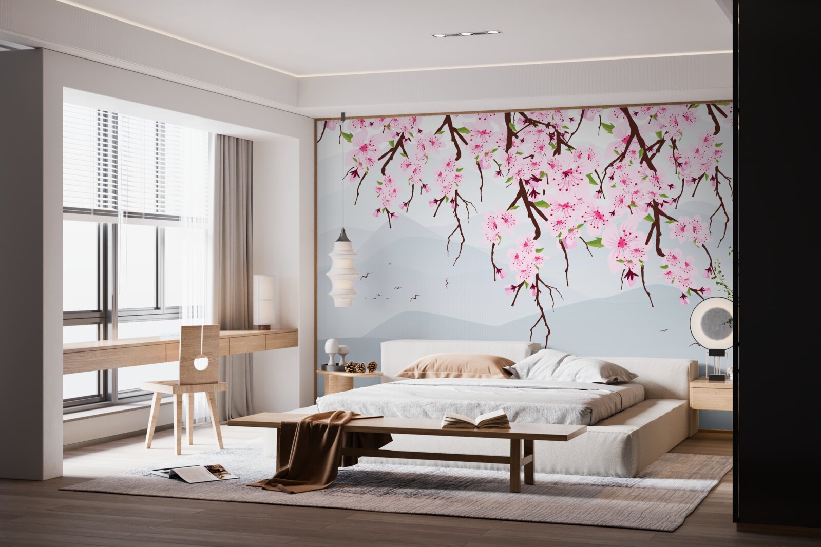 Papier peint sakura en fleurs devant un paysage de montagnes et d'eau