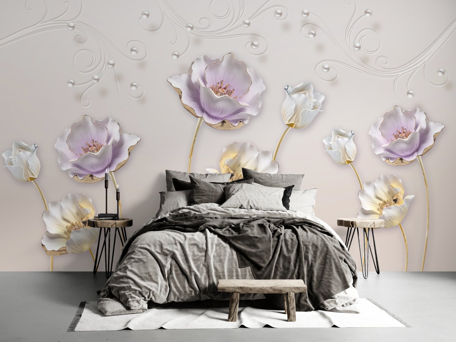 Papier peint lotus gracieux blanc et bleu