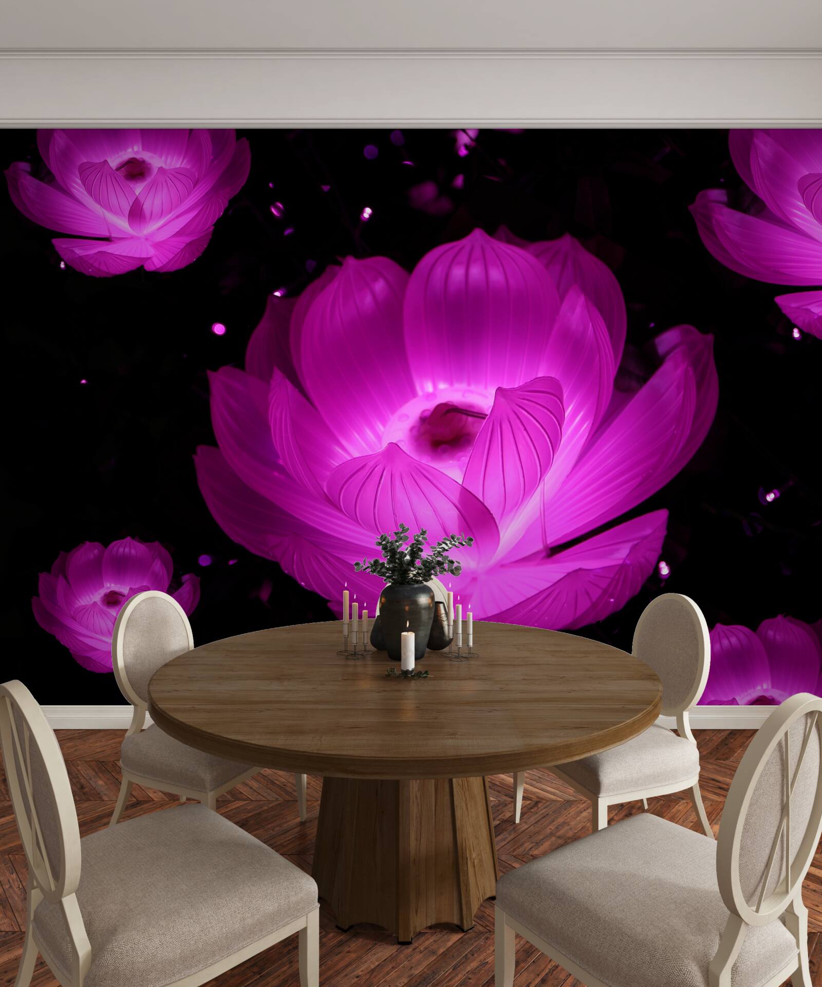 Papier peint fleurs violettes à la lumière des néons